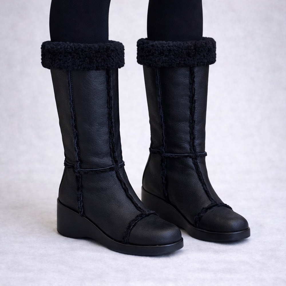 Robert Clergerie Black Lambskin Leather Shearling Fold Over Boots Size 6